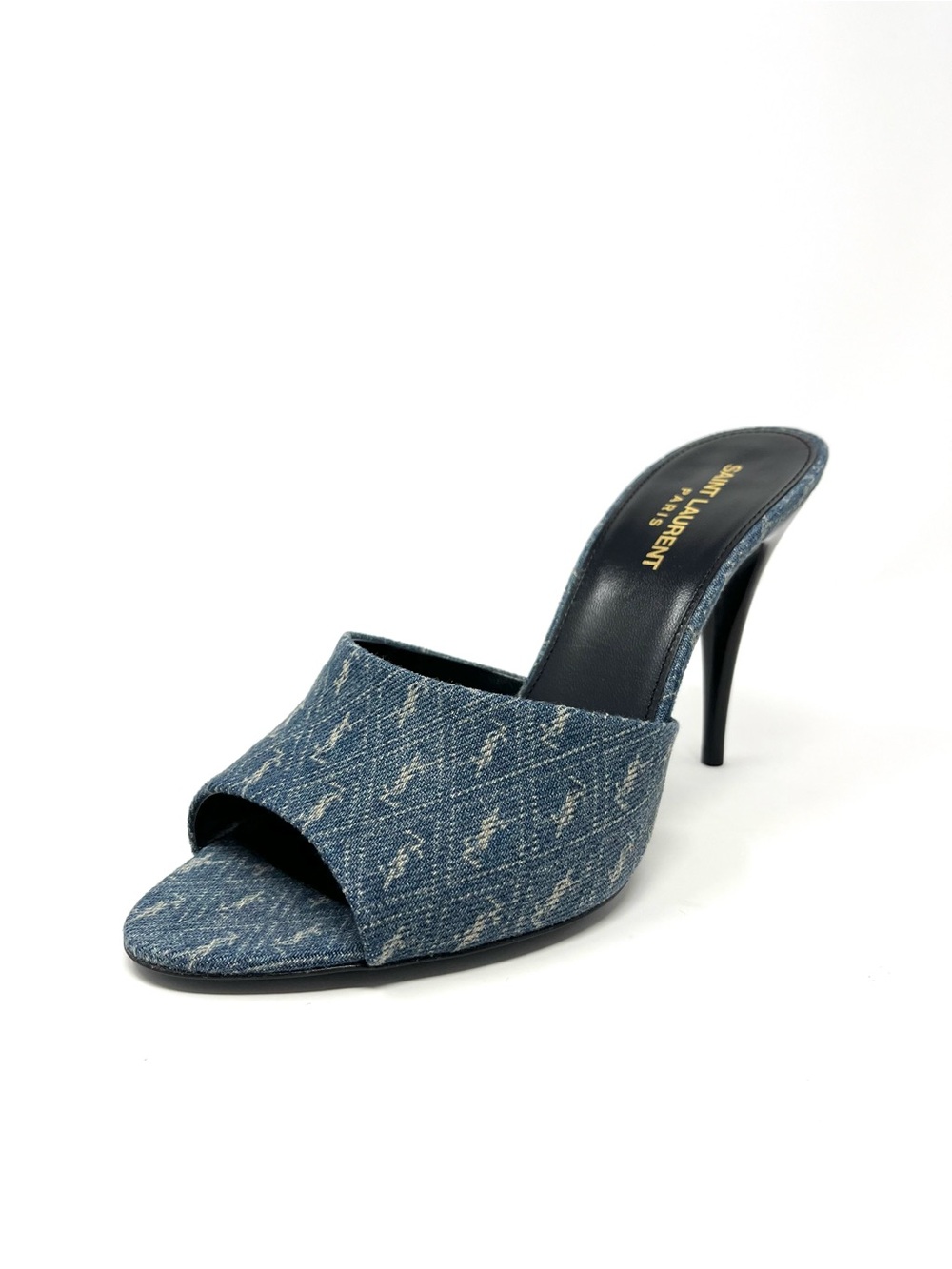 NEW NWT Saint Laurent YSL La 16 Blue Denim Logo Mules Sandals Slides Heels 39 9